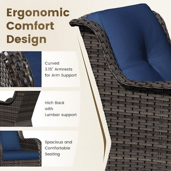 3-Piece Wicker Patio Outdoor Lounge Chair Set with Blue Cushions and Side Table