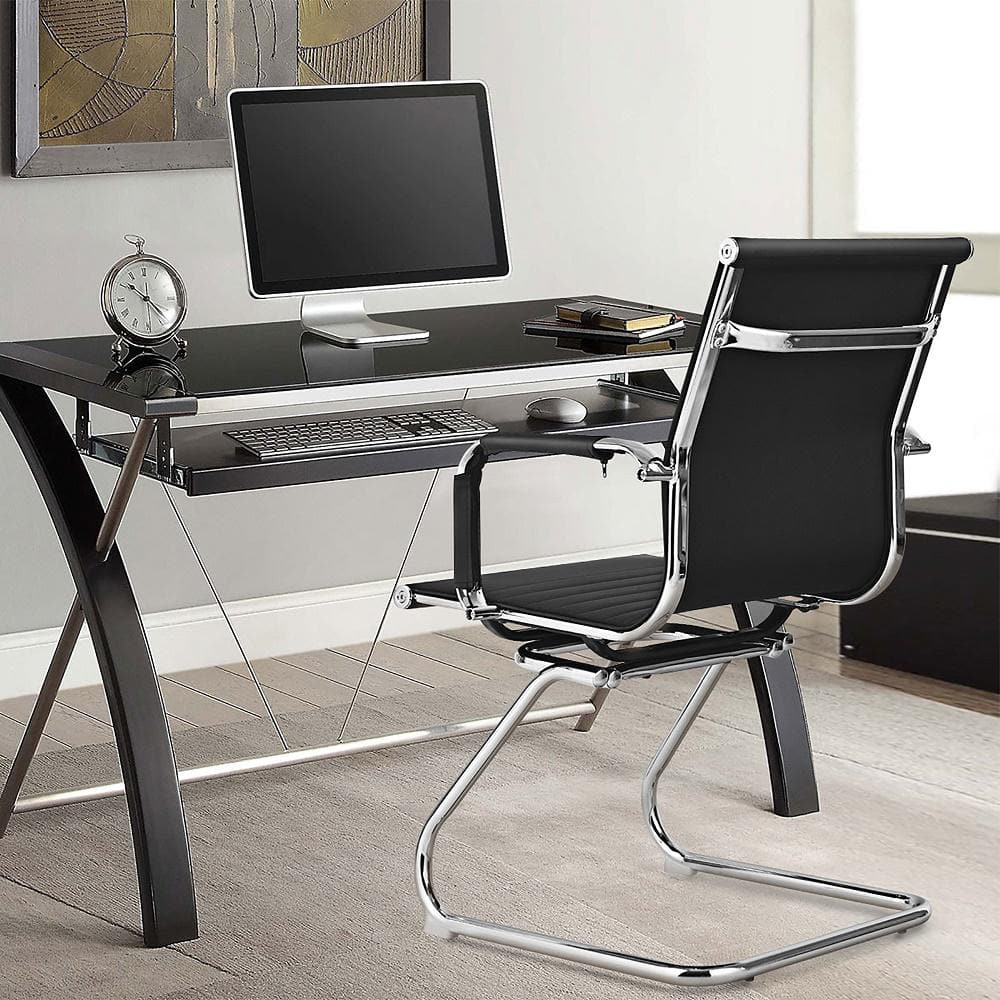 Black PU Leather and Metal Sled Base Office Chairs, Set of 2