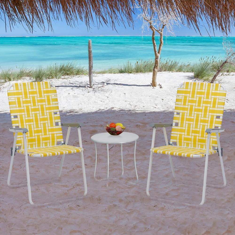 Yellow and White Steel Frame Folding Beach Chairs, Set of 2