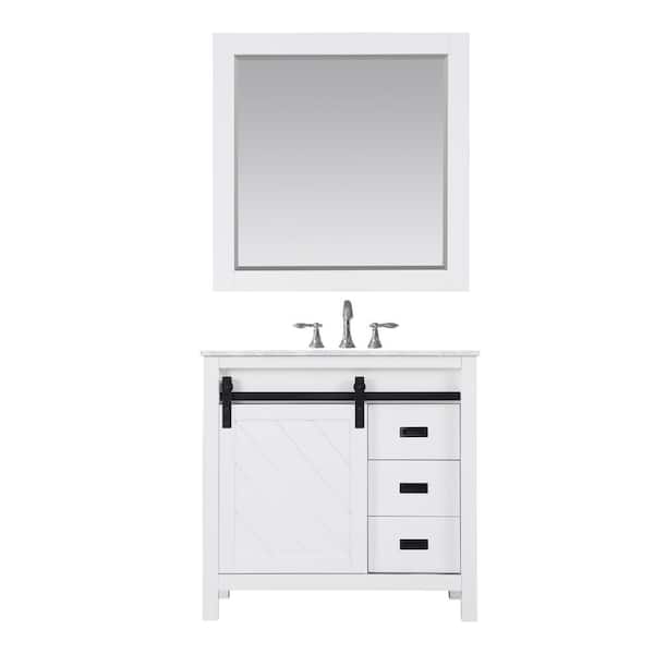 Altair Kinsley 36 in. Bathroom Vanity Set in White with Carrara Marble Top in White with White Basin and Mirror