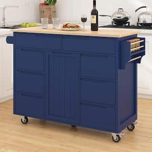 Blue Rolling Rubber Wood Tabletop 53 in. Kitchen Island with Flatware Organizer