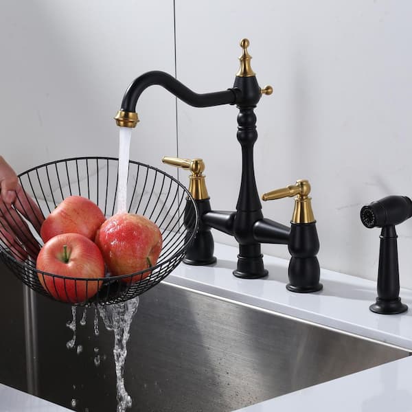 Deck Mounted 4-Hole Double Handle Bridge Kitchen Faucet Solid Brass with Side Sprayer in Black and Gold