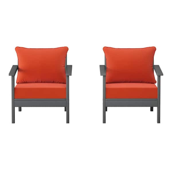Birchwood Gray Outdoor Patio (Set of 2) Deep Seating HDPE Lounge Chairs w/ Orange Cushions