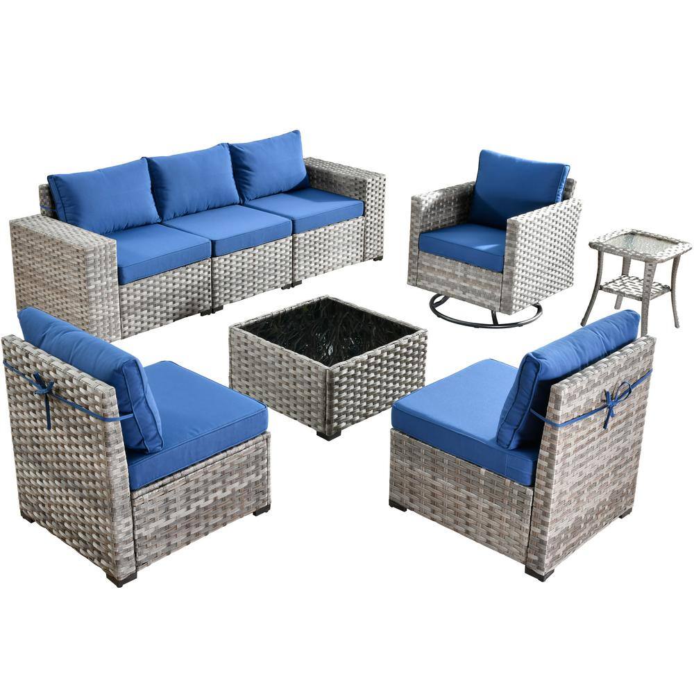 Gray 8-Piece Wicker Outdoor Sofa Set with Navy Cushions