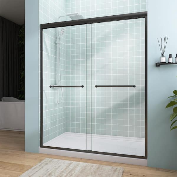 NTQ 50-54 in. W x 72 in. H Semi-Frameless Double Sliding  Bypass Glass Shower Door in Matte Black 1/4 in. Tempered Glass