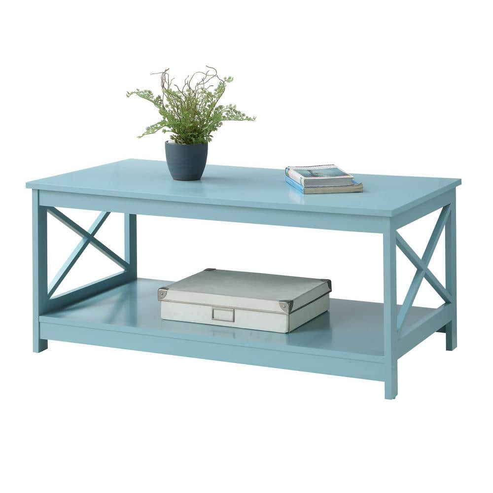 Sea Foam Blue Rectangular Wood Coffee Table with Shelf