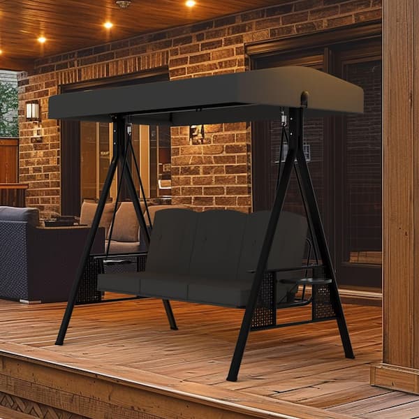 3-Seat Outdoor Metal Porch Swing with Stand, Cushions and Canopy, Dark Grey