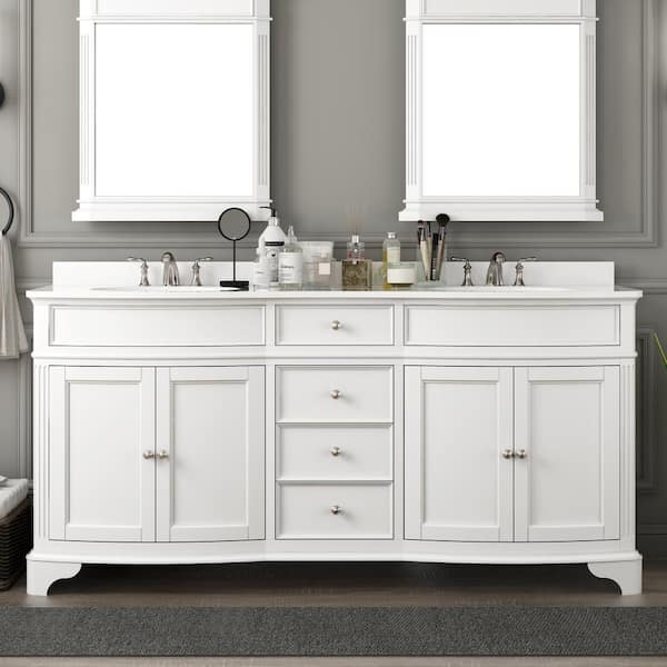 Home Decorators Collection Terryn 72 in. W x 20 in. D x 35 in. H Double Sink Freestanding Bath Vanity in White with White Engineered Stone Top