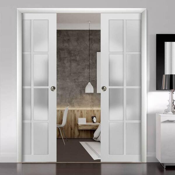 3312 56 in. x 84 in. 1 Panel White Finished Wood Sliding Door with Double Pocket Hardware