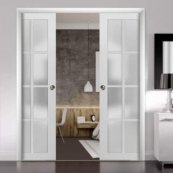 72 in. x 96 in. 1 Panel White Finished Wood Sliding Door with Double Pocket Hardware