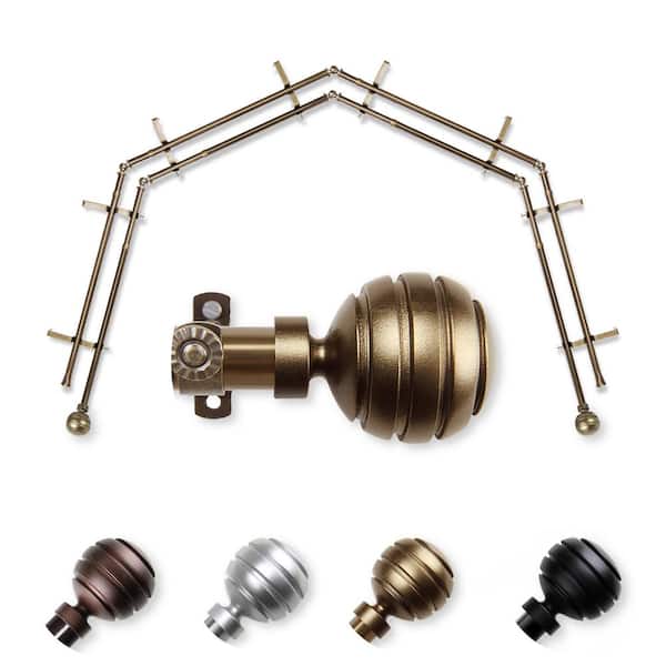 EMOH 13/16" Dia Adjustable 4-Sided Double Bay Window Curtain Rod 28 to 48" (each side) with Ysabel Finials in Antique Brass