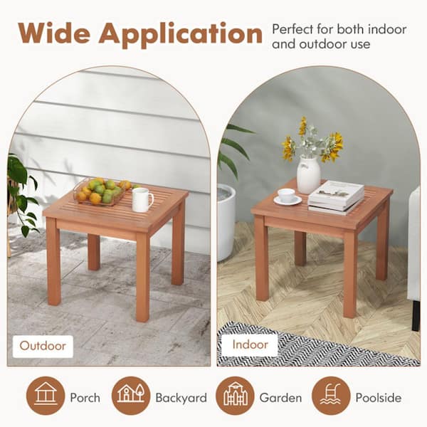 Kadehome 18 Inch Square Wood Outdoor Side Table with Slatted