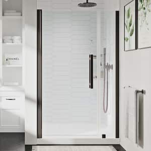 Pasadena 36in. L x 32in. W x 75in. H Alcove Shower Kit with Pivot Frameless Shower Door in ORB w/Shelves and Shower Pan