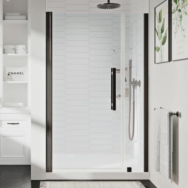 OVE Decors Pasadena 36in. L x 36in. W x 75in. H Alcove Shower Kit w/Pivot Frameless Shower Door in ORB w/ Shelves and Shower Pan