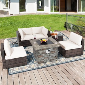 6 -Piece Wicker Patio Conversation Set 34.5 in. Fire Pit Table with Cover Off White Cushions