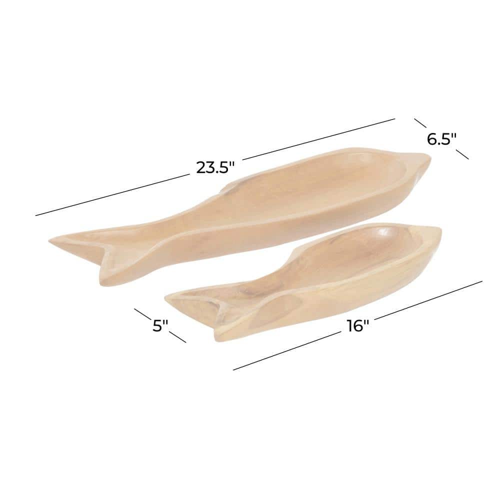 Natural Brown Teak Wood Fish Shaped Decorative Tray Set