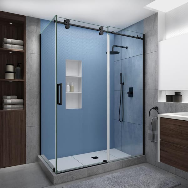 Aston Langham XL 64-68 in. x34 in. x80 in. Sliding Frameless Shower Enclosure StarCast Clear Glass in Oil Rubbed Bronze Left