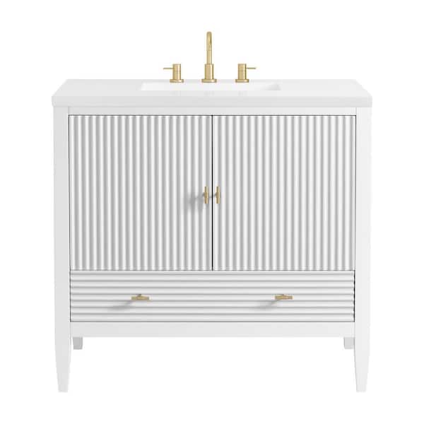 James Martin Vanities Myrrin 36.0 in. W x 23.5 in. D x 34.06 in. H Single Bathroom Vanity Bright White and White Zeus Quartz Top