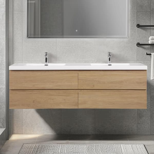 72 in. Wall-Mounted Floating Bath Vanity in Natural Oak with Double Solid Surface Sink Top in White