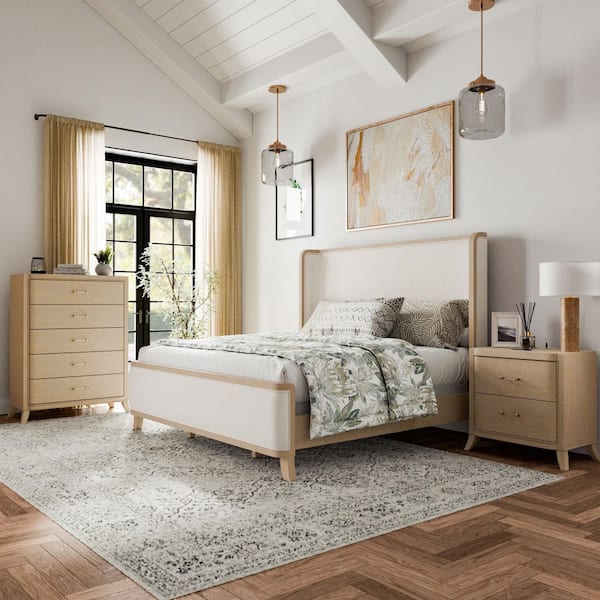 Furniture of America Ellington 3-Piece Natural Oak Fabric Wingback Queen Panel Bedroom Set with Nightstand and Chest