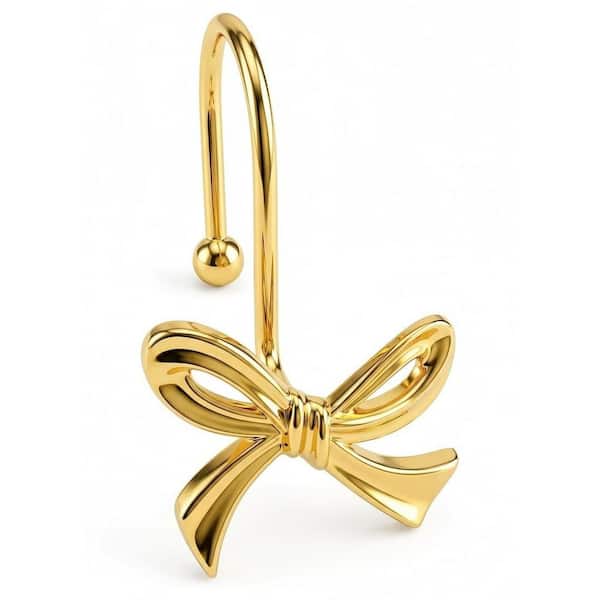 Gold Decorative Shower Curtain Hooks with 3D Ribbon Bow Design, (Set of 12) Metal Rust-Resistant Shower Rings