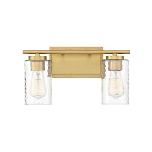 15 in. W x 8.26 in. H 2-Light Natural Brass Bathroom Vanity Light with Clear Cylinder Glass Shades