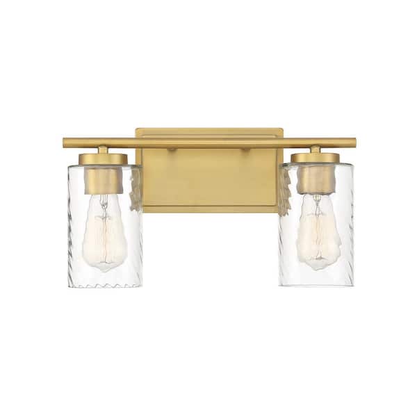 TUXEDO PARK LIGHTING 15 in. W x 8.26 in. H 2-Light Natural Brass Bathroom Vanity Light with Clear Cylinder Glass Shades