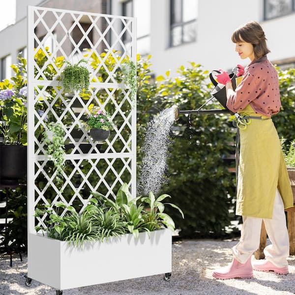 73 in. x16 in. x35 in. White Metal Iron Planter Box with Attached Trellis for Climbing Vegetation