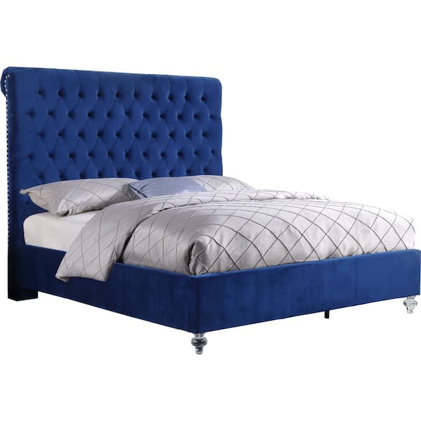 Best Quality Furniture Luciana Navy Blue Wooden Frame California King Panel Bed 74" Acrylic Legs.