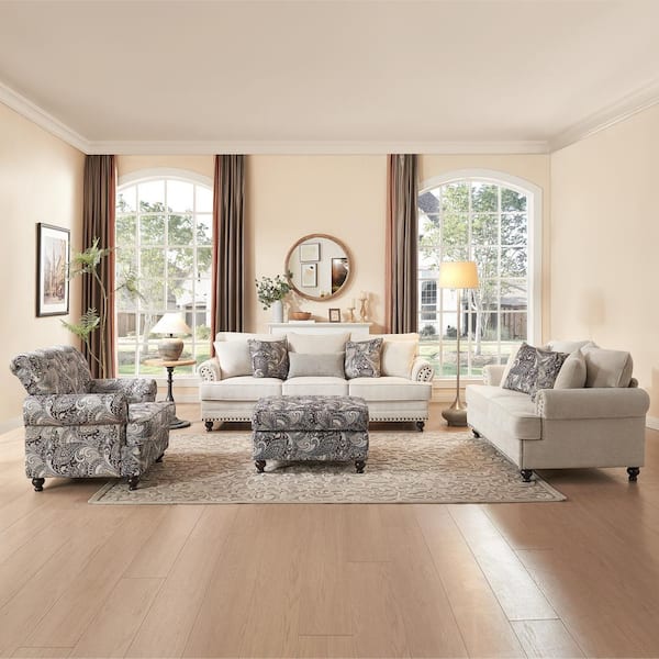 4-Pieces Chesterfield Couch Set Chenille Flora Sofa Loveseat and Armchair Living Room Set with Ottoman