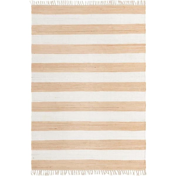 Unique Loom Chindi Rag Striped Beige 7' 1 x 10' 0 Area Rug