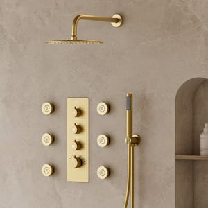 Thermostatic Valve 12 in. Wall Mount Triple Handle 7-Spray Patterns Shower Faucet With 6-Jets in Brushed Gold