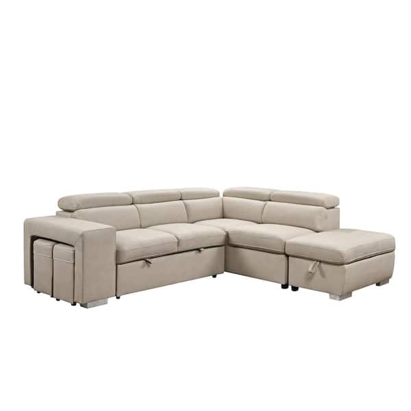 sumyeg 105 in. Square Arm Microfiber Sectional Sofa in Beige with Pull-Out Bed, Storage Ottoman and 2 Stools