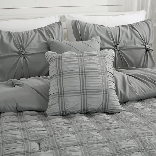 Maple&Stone Queen Comforter Set 7 Pieces Pinch Pleat Bed in A Bag, Grey  Comforter Queen Sets Pintuck with Comforter Sheets Pillowcases & Shams,  Gray