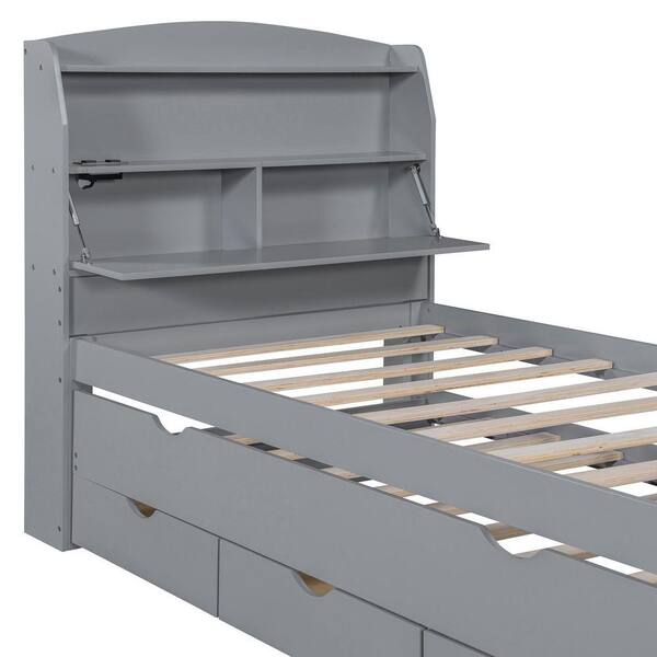 Nestfair Gray Wood Frame Twin Size Platform Bed with LED, Drawers
