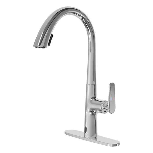 Single Handle Goose Neck 16.14 in. Pull Down Sprayer Kitchen Faucet w/ Button Control 360° Spout Swivel in Brushed Gold