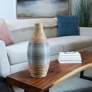 19 in. Brown Handmade Teardrop Wrapped Seagrass Decorative Vase with Layered Gray Paneling
