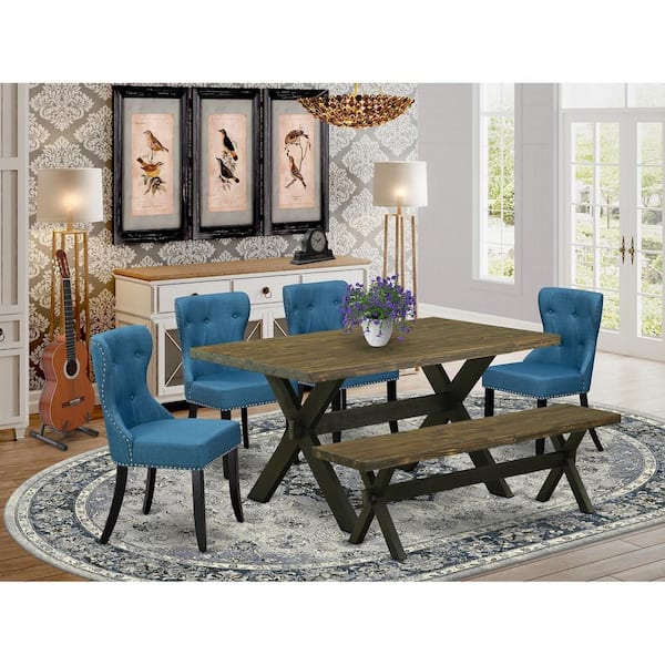 East West Furniture 6-Piece Rectangle Distressed Jacobean Finish Solid Wood Top Dining Table with 1-Bench, 4-Chairs with Lattice Back