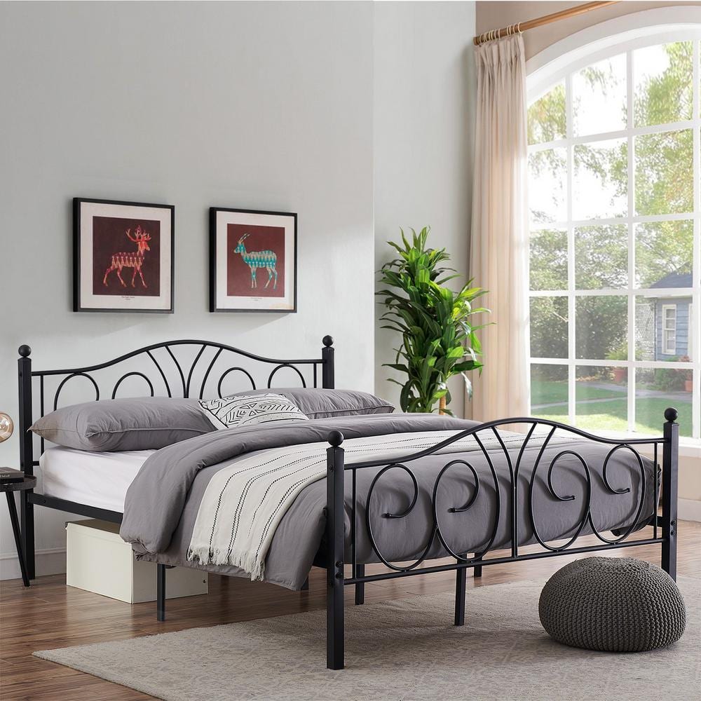 Victorian Black Metal Queen Platform Bed Frame with Headboard and Footboard