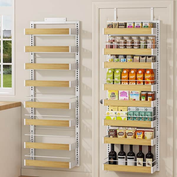 8-Tier White Over the Door Pantry Organizer, Wall Mount or Hanging Spice Rack with Adjustable Basket for Kitchen