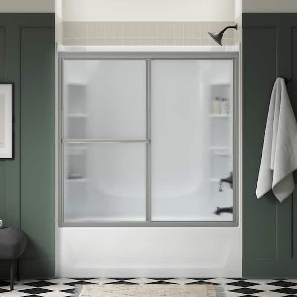 Deluxe 55-60 in. W x 56 in. H Sliding Tub Door in Silver with Rain Glass