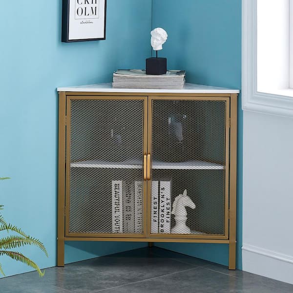 VECELO 3-Tiers Corner Shelf Metal Frame Shelves Storage Organizer Ventilation Protection Door Gold 20 in. x 20 in. x 27.6 in.