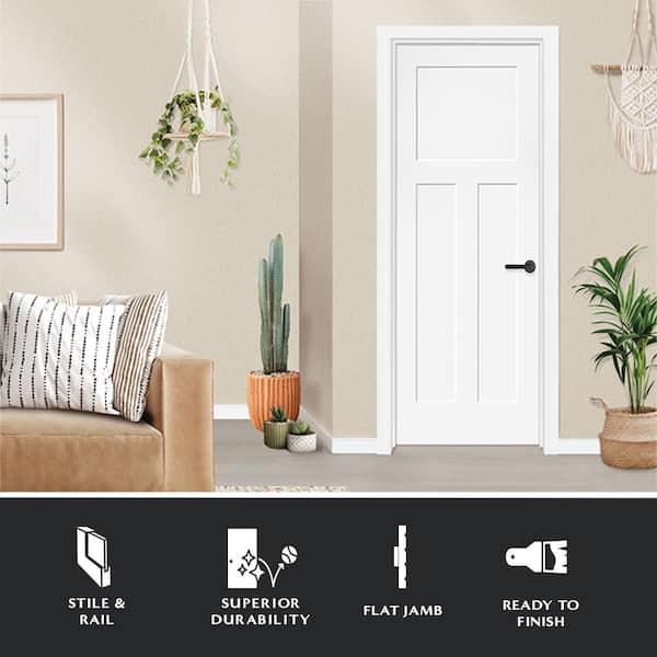 24 in. x 80 in. 3-Panel Mission Shaker White Primed LH Solid Core Wood Single Prehung Interior Door with Nickel Hinges