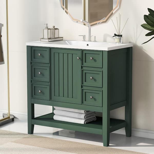 FAMYYT 36 in. W x 18 in. D x 34 in. H Single Sink Solid Wood Frame Bath Vanity in Green with White Ceramic Top Adjustable Shelf