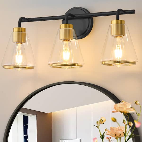 Deyidn Modern 22.05 in. 3-Light Black and Gold Vanity Light with Glass Shade, Dimmable Sconces Wall Lighting for Bathroom