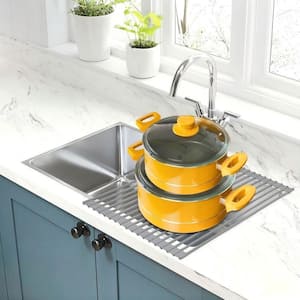 Roll Up Dish Drying Rack, Foldable Over-the-Sink Dish Drainer, Anti-Slip Silicone Wrapped Dish Drainer, Grey