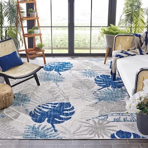 Cabana Gray/Blue 7 ft. x 7 ft. Geometric Leaf Indoor/Outdoor Patio  Square Area Rug