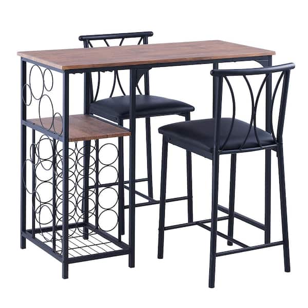 Merra 3-Piece Wood Top Rustic Wood Brown Bar Table Set with Wine Rack and Glass Holders