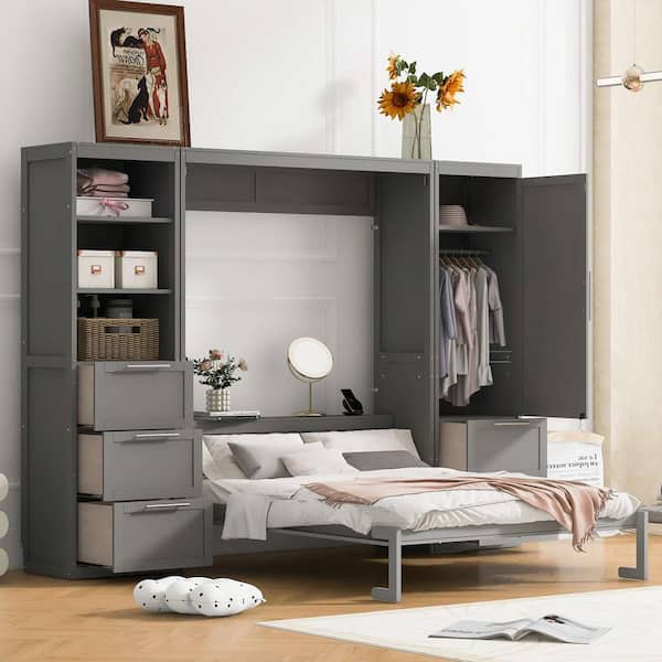 Gray Wood Frame Queen Murphy Bed with Closet, Drawers and Shelves