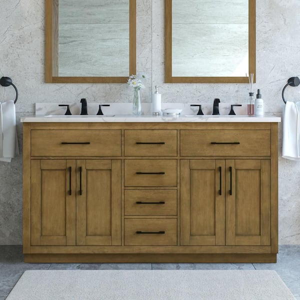 Athea 60 in. Freestanding Almond Latte Bath Vanity with White Engineered Marble Top, Power Bar and Matte Black Hardware